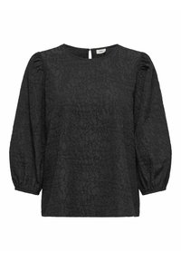 Blusa nera con una finitura stropicciata e testurizzata, scollo rotondo e maniche a sbuffo. Presenta una piccola apertura a forma di chiave sul retro.