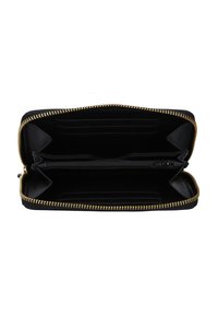 Black zip-around wallet featuring a smooth texture, multiple card slots, and a central zippered compartment, accented with gold hardware.