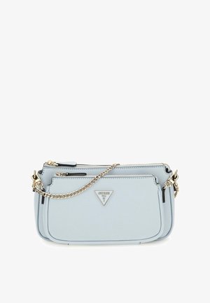 Light blue synthetic handbag featuring a textured surface, triangular logo, gold-tone hardware, and a detachable chain strap.