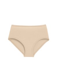 Beige hoge taille onderbroek van glad stof met een naadloos ontwerp, voorzien van volledige bedekking en gebogen beenopeningen.