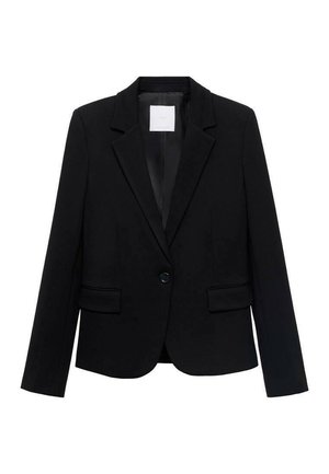 Black tailored single-button blazer with notch lapels, long sleeves, front flap pockets, and a smooth interior lining.