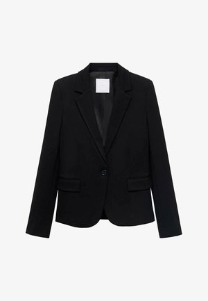 Blazer noir ajusté à un bouton avec des revers en notch, des manches longues, des poches à rabat à l'avant et une doublure intérieure lisse.