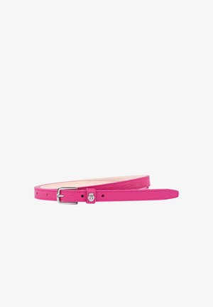 Pink leather belt with a smooth texture, narrow shape, silver metal buckle, and a small logo detail near the buckle.