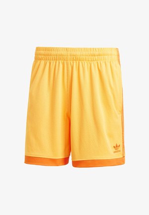 Yellow mesh shorts with an elastic waistband, featuring orange accents at the hem and side stripes, and an embossed logo on the lower left.