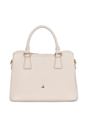 Kremowa, usztywniana torebka z dwoma uchwytami, złotymi elementami i małym okrągłym logo na środku przodu.