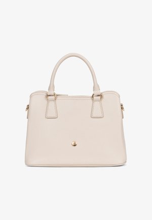 Sac à main structuré de couleur crème avec deux anses, garnitures dorées et un petit logo circulaire au centre avant.