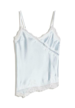 Svijetloplavi satenski camisole s čipkastim obrubom duž dekoltea i poruba, s tankim podesivim naramenicama.