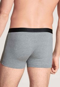 Grijze katoenen boxershorts met een zwarte elastische tailleband voorzien van verhoogde branding. De stof heeft een gladde textuur en een aangesloten pasvorm.