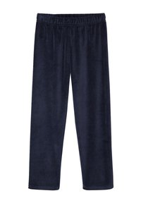 Navy-Fleece-Sweatpants mit elastischem Bund, geradem Bein-Design und einer weichen, glatten Textur. Keine Taschen oder sichtbaren Nähdetails.