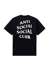 Czarna koszulka z grubym, białym napisem "ANTI SOCIAL SOCIAL CLUB" w zabawnym kroju na plecach.