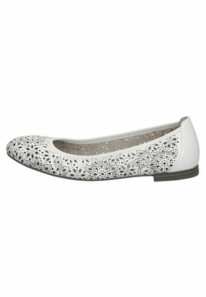 White flat shoe with laser-cut floral patterns on the toe and sides, smooth upper material, and a low grey rubber heel.
