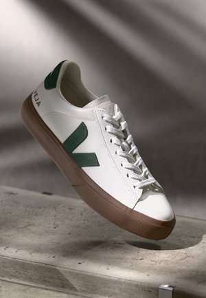 Sneaker bianco in pelle con accenti verdi e suola in gomma marrone. Presenta una tomaia testurizzata e lacci piatti. Logo V in evidenza.
