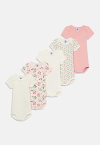Sett med fem baby bodyer i myk bomull. Fargene inkluderer rosa, hvit og krem med blomster- og prikkemønstre. Korte ermer, rund hals.