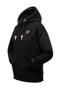 Black hoodie made of soft fabric, featuring a front pocket, adjustable drawstrings, and a shell design logo on the chest.