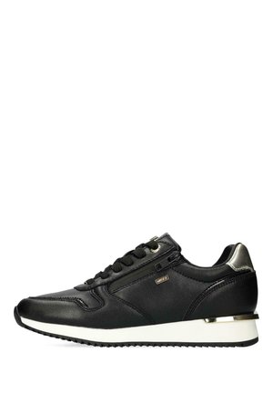 Schwarze Sneakers mit Lederoberfläche, goldenen Akzenten, texturiertem Material, Schnürverschluss und einer kontrastierenden weißen Sohle. Sichtbares seitliches Reißverschlussdetail.