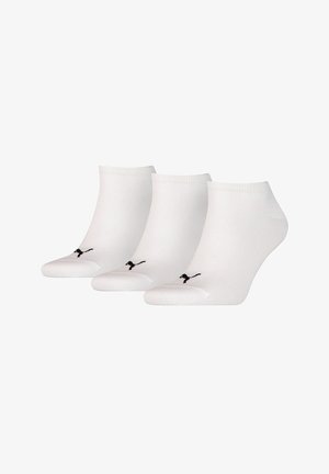 Three pairs of white ankle socks with a smooth texture and a black logo on the outer side, designed for comfort and breathability.