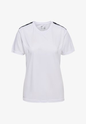 Weißes Sport-T-Shirt aus leichtem, atmungsaktivem Material. Mit schwarzen Akzenten an den Schultern und einem V-Ausschnitt-Design. Dezentes Branding sichtbar.