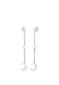 Sudraba auskari ar ķēdes dizainu, kur virsū ir zvaigžņu akcenti, bet apakšā mēness formas. Gluda metāliska apdare.