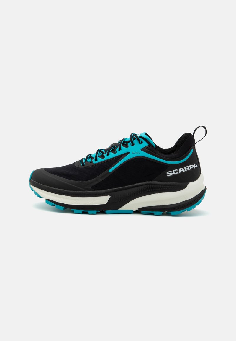 Black running shoe with turquoise accents, featuring a breathable upper, cushioned sole, and rugged tread for traction.