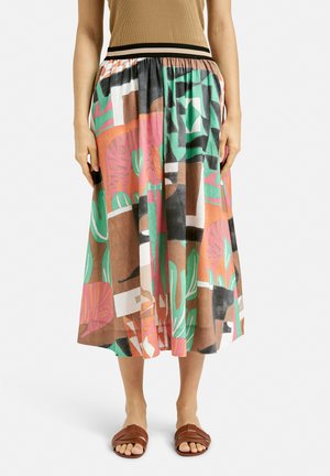 Bunte knielange Rock mit abstrakten Mustern in Pink, Grün, Braun und Weiß. Verfügt über einen elastischen Bund und ein leichtes Material.