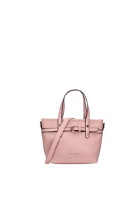 Borsa a tracolla in pelle sintetica rosa con due manici corti e una tracolla staccabile. Presenta dettagli neri e una fibbia dorata.