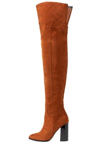 Braune Wildleder-Stiefel über das Knie mit strukturiertem Design, eckiger Zehenpartie und schwarzem Blockabsatz. Sie verfügen über ein glattes Innenfutter und Nahtdetails.