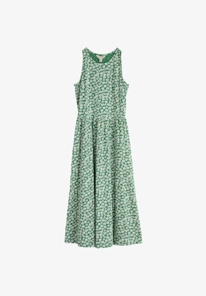 Grünes ärmelloses Kleid mit einem floralen Muster in Weiß, mit einem taillierten Oberteil und einem ausgestellten Rock. Hergestellt aus leichtem Stoff.