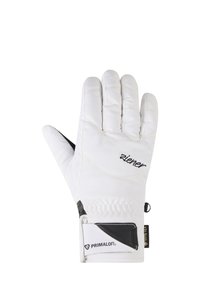 White, insulated glove with quilted detailing, black accents, and a soft texture. Features a Velcro strap and logos for branding.