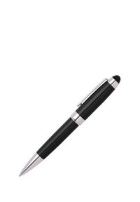 Black ballpoint pen with a smooth matte finish, silver accents, a clip, and a rounded tip. The design is sleek and minimalist.