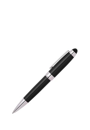 Black ballpoint pen with a smooth matte finish, silver accents, a clip, and a rounded tip. The design is sleek and minimalist.
