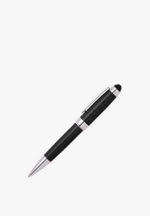 Černý kuličkový pero s hladkým matným povrchem, stříbrnými akcenty, klipem a zaobleným hrotem. Design je elegantní a minimalistický.