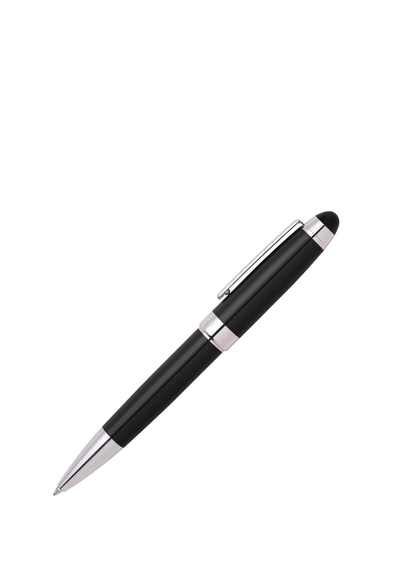 Black ballpoint pen with a smooth matte finish, silver accents, a clip, and a rounded tip. The design is sleek and minimalist.