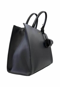 Borsa a tracolla nera in pelle con un design strutturato, doppi manici e un'accento rimovibile. Presenta una superficie testurizzata e una silhouette elegante.