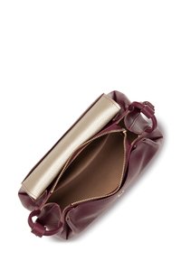 Borsa in pelle bordeaux con una patta dorata metallica. Presenta due scomparti con zip e una fodera interna. Texture liscia con una leggera lucentezza.
