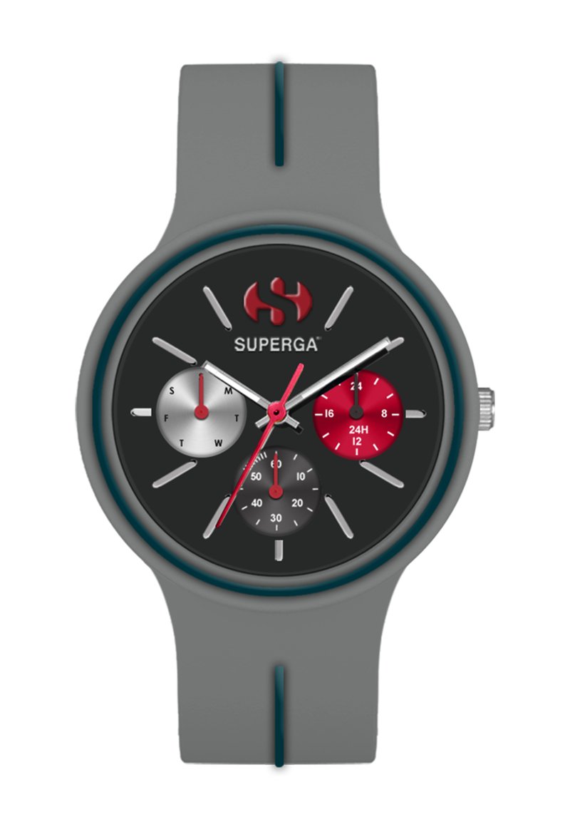 Orologio in silicone grigio con quadrante nero, tre sottodial in rosso, bianco e nero, e lancette delle ore e dei minuti argentate. Presenta dettagli azzurri chiari.