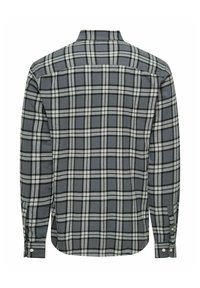 Grau karierte Hemd mit langen Ärmeln, ausgestattet mit einem Button-down-Kragen, einem weiß-schwarzen Karomuster und geknöpften Manschetten.