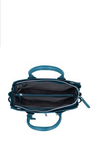 Borsa in pelle verde petrolio con doppi manici superiori, tasca interna con zip e fodera in tessuto grigio. Caratterizzata da un design strutturato e una texture liscia.