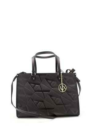 Borsa nera in tessuto con texture, caratterizzata da un motivo geometrico, doppi manici superiori, una tracolla staccabile e un charm con il logo in metallo.