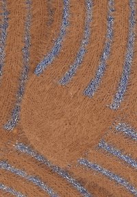 Textile fabric featuring a brown base with raised, blue metallic thread patterns creating wavy lines and a soft, textured surface.