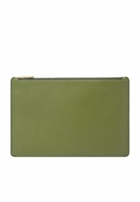 Borsetta in pelle verde con una superficie liscia, forma rettangolare e chiusura con zip superiore. Design semplice con bordi puliti e senza decorazioni.