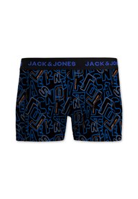 Shorts de boxeur noirs ornés d'un motif abstrait bleu et orange vif. La ceinture élastique affiche "JACK & JONES" en lettres grasses.