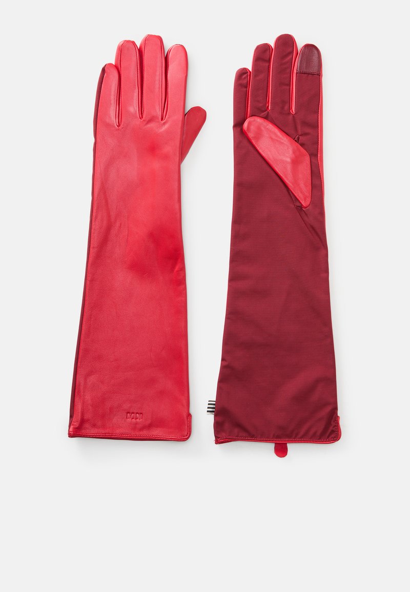 Red leather gloves with a smooth texture, featuring a contrasting darker red fabric, elongated design, and a thumb grip accent.
