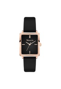 Firkantet Tamaris-ur har en sort urskive med rosaguld detaljer, et glat sort rem og minimalistiske timemarkører.