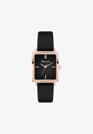 Vierkante Tamaris horloge heeft een zwarte wijzerplaat met roségouden accenten, een soepele zwarte band en minimalistische uurmarkeringen.