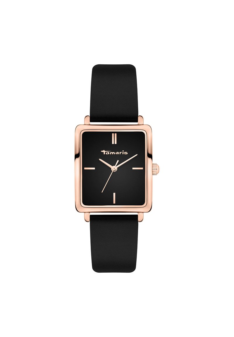 Firkantet Tamaris-ur har en sort urskive med rosaguld detaljer, et glat sort rem og minimalistiske timemarkører.