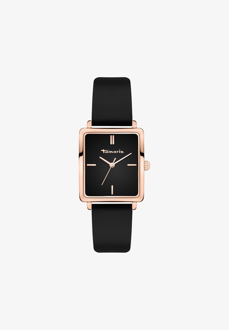 Die quadratische Tamaris-Uhr verfügt über ein schwarzes Zifferblatt mit roségoldenen Akzenten, ein glattes schwarzes Armband und minimalistische Stundenmarkierungen.