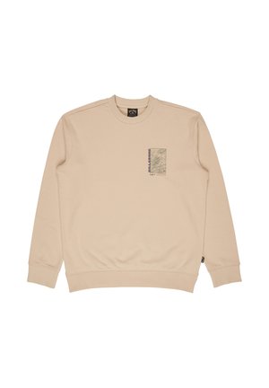 Beżowa bluza z okrągłym dekoltem i długimi rękawami, z małym prostokątnym nadrukiem na lewej piersi z napisem "Billabong" i wzorem mapy topograficznej.