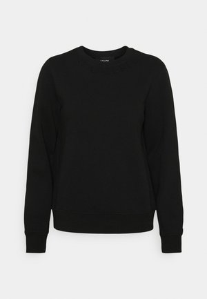 Sweat-shirt noir à manches longues avec col rond, poignets et ourlet côtelés, présenté sur un fond gris clair uni.