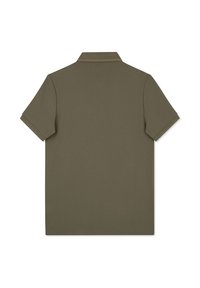 Koszulka polo z krótkim rękawem w kolorze oliwkowym, o prążkowanej strukturze, z klasycznym kołnierzykiem i bez widocznych logo ani wzorów.