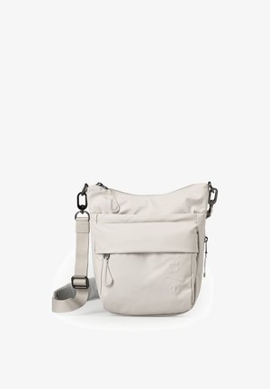 Light beige crossbody bag with adjustable fabric strap, front zip pocket, flap detail, and subtle embossed branding on smooth material.